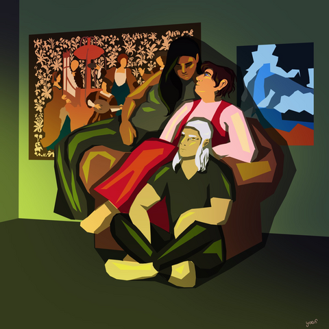 A digital drawing of three people. Seated in an armchair is Jaskier,wearing a bright pink vest and flare pants. He is looking up and to his right at Yennefer, who sists on the arm of the chair. At their feet is Geralt, sitting cross-legged on the floor.