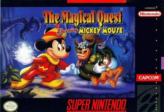 SNES box art of the magical quest starring Mickey Mouse. It shows Mickey in a magician garb, holding a ball of energy. 
In the background Pete, dressed as an evil fantasy warlord is kidnapping Pluto.